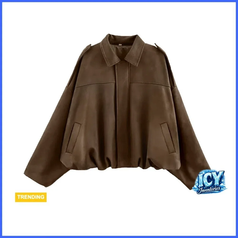 Faux Suede Bomber Jacket Cropped Oversized Lapel Pilot Coat Casual Outerwear - Picture 1 of 7
